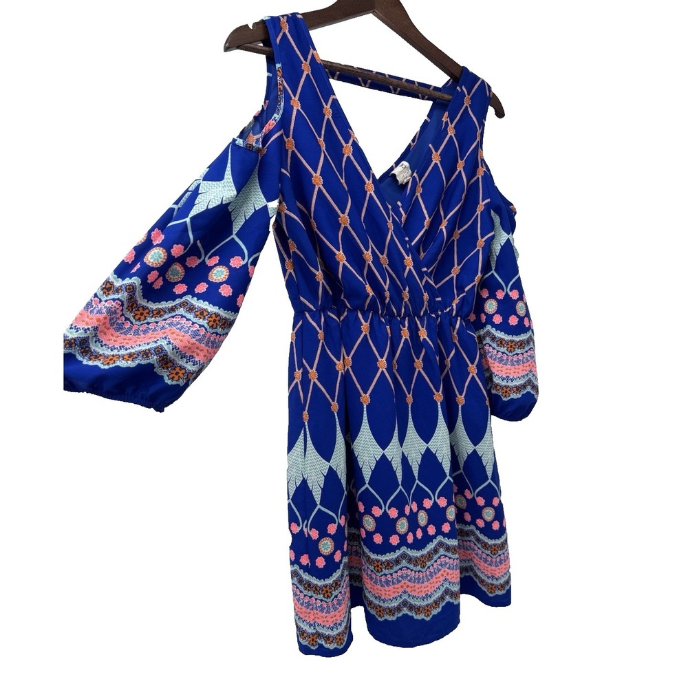 Blue Pink Owl Apparel‎ Dress Cold Shoulder V Neck lined festival boho beachy S